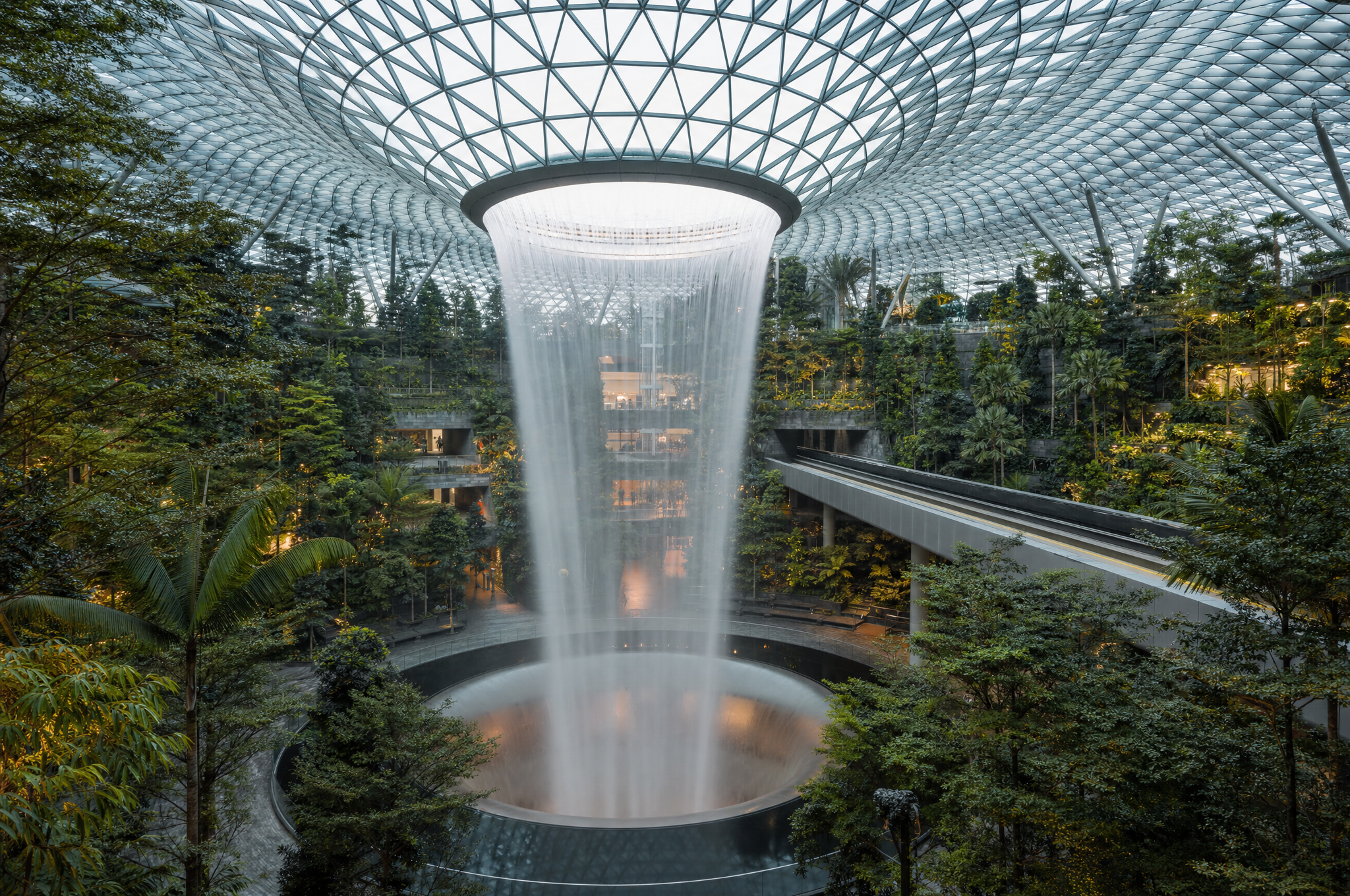 Jewel Changi Airport interior with Rain Vortex waterfall