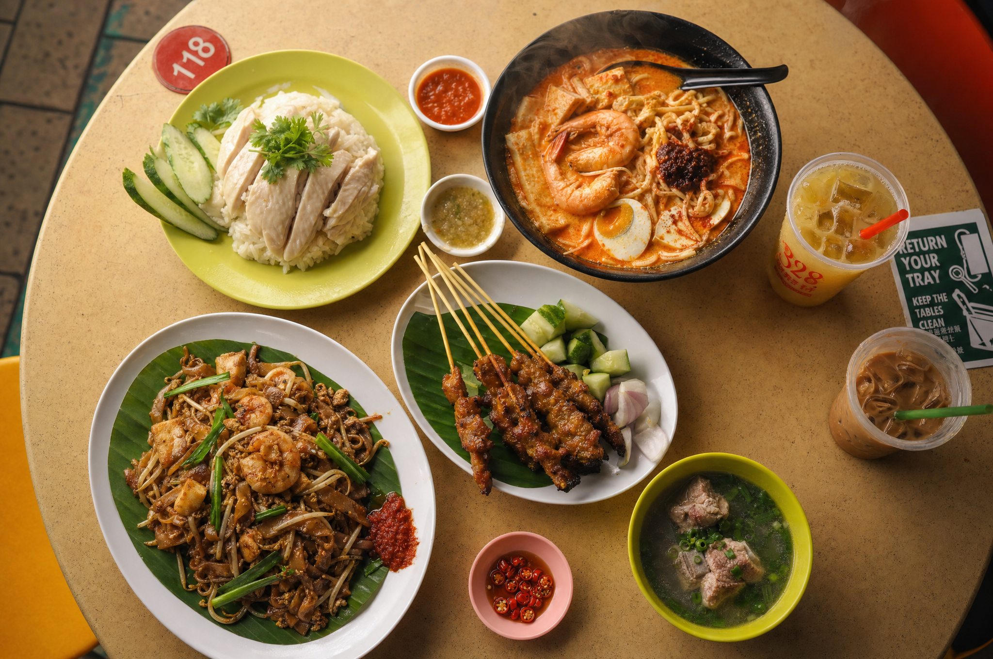 Singapore hawker center food on a round table