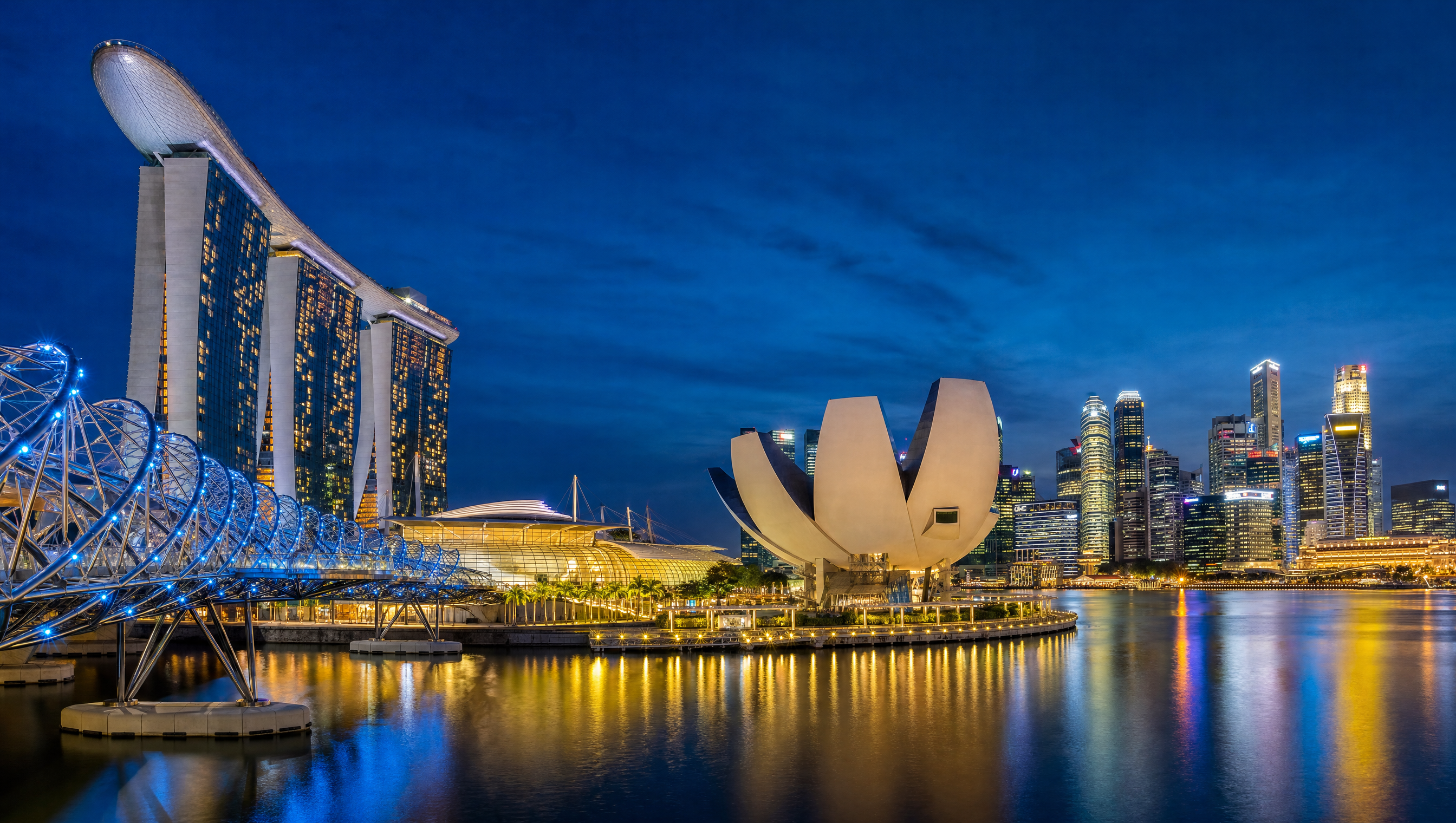 Singapore Marina Bay cityscape at blue hour with Marina Bay Sands and CBD skyline